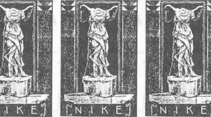Concepto visual del significado del logo de Nike, fusionando la estatua de la diosa griega de la victoria Niké con el símbolo Swoosh que representa su ala