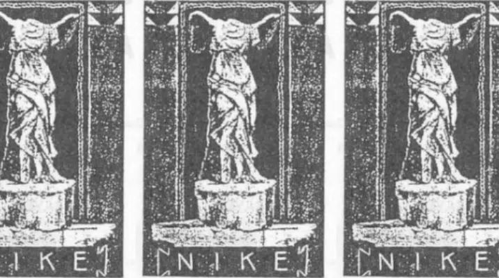 Concepto visual del significado del logo de Nike, fusionando la estatua de la diosa griega de la victoria Niké con el símbolo Swoosh que representa su ala