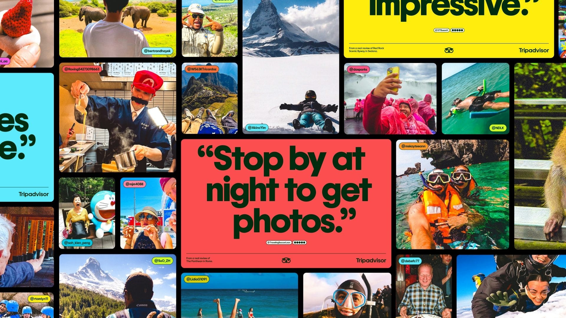Ejemplos de la nueva identidad visual de Tripadvisor aplicada en un móvil, una revista y una tarjeta, mostrando la cohesión del rebranding.
