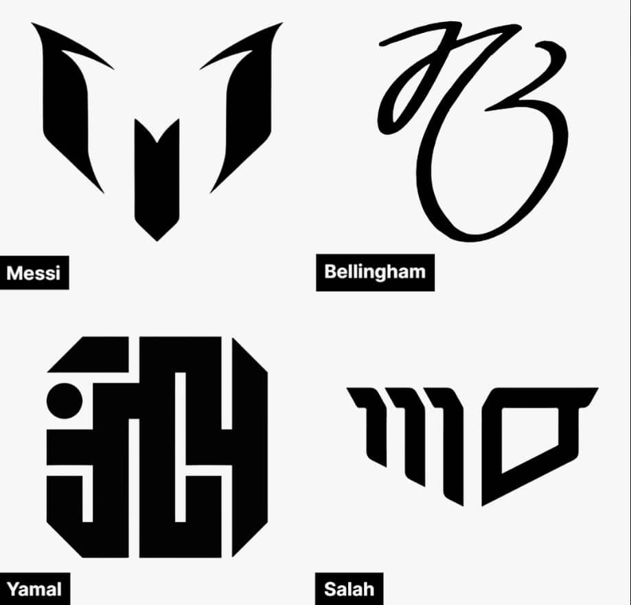 Comparativa de los logos de atletas icónicos: el emblema LY304 de Lamine Yamal, el logo 'M' de Lionel Messi, Jude Bellingham y Salah. La imagen ilustra los diferentes arquetipos de branding en el deporte.