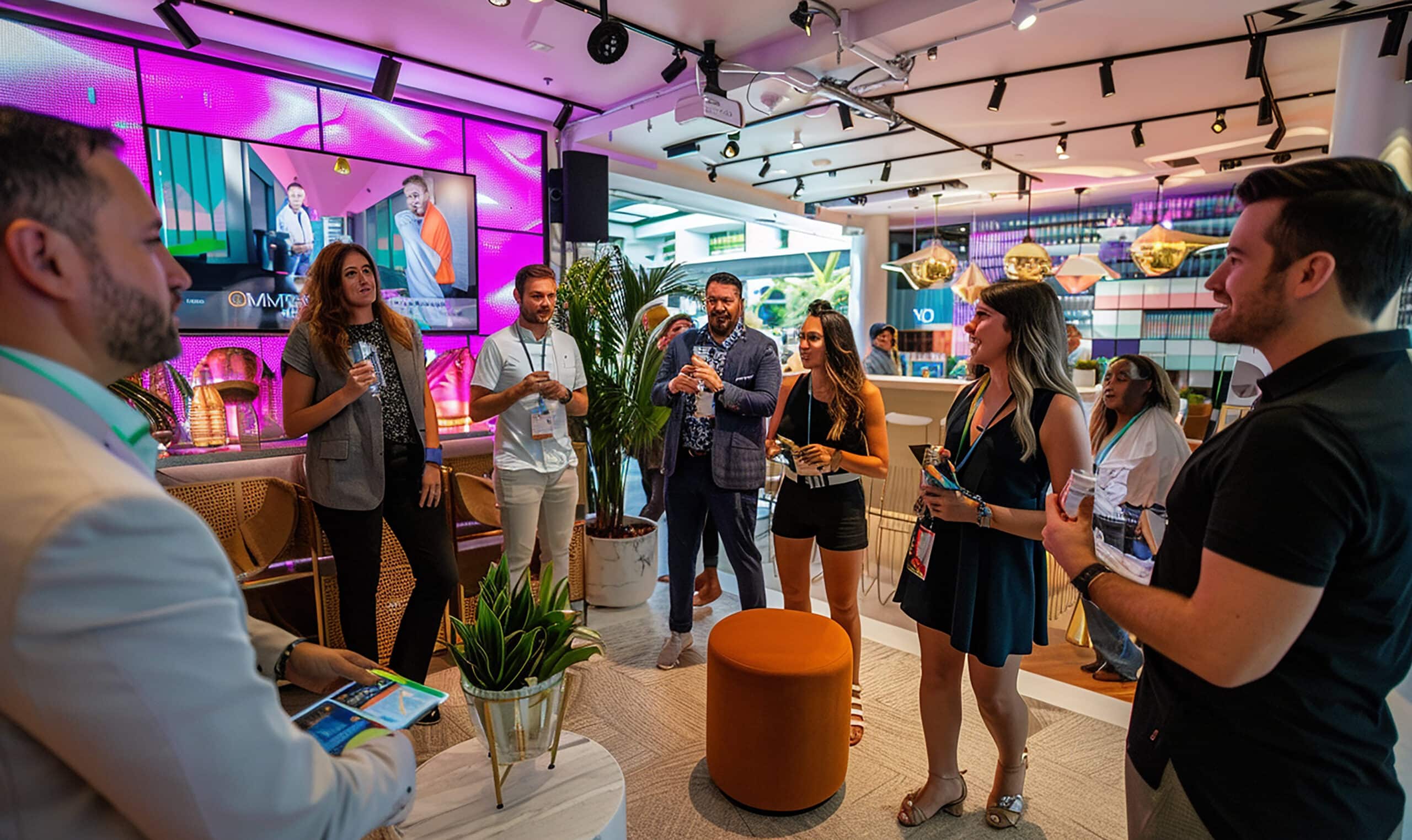 Grupo de clientes felices interactuando con un producto durante un evento de marca, demostrando la creación de una comunidad fiel.